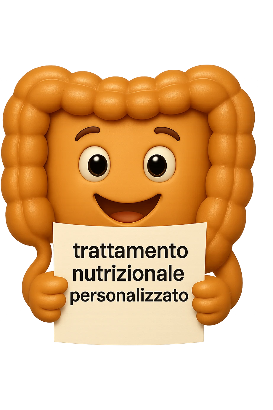 emoji stile iphone di un intestino felice che legge un foglio con la scritta "trattamento nutrizionale personalizzato", non fargli il naso, iperrealistico 4k emoji