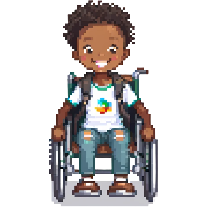 black child in wheelchair, smiling, happy emoji