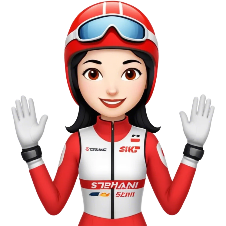 Ski racer woman red white dress with the name Stephanie on the dress black hair smile emoji