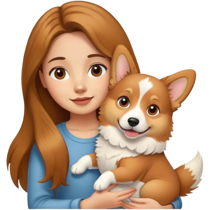 Brown long-haired girl holding a corgi dog emoji