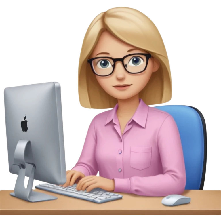 redattrice editoriale. Bionda, capelli lisci biondo scuro, lunghezza media. Occhi blu con occhiali. è al pc a lavorare. Indossa una camicia rosa chiaro emoji
