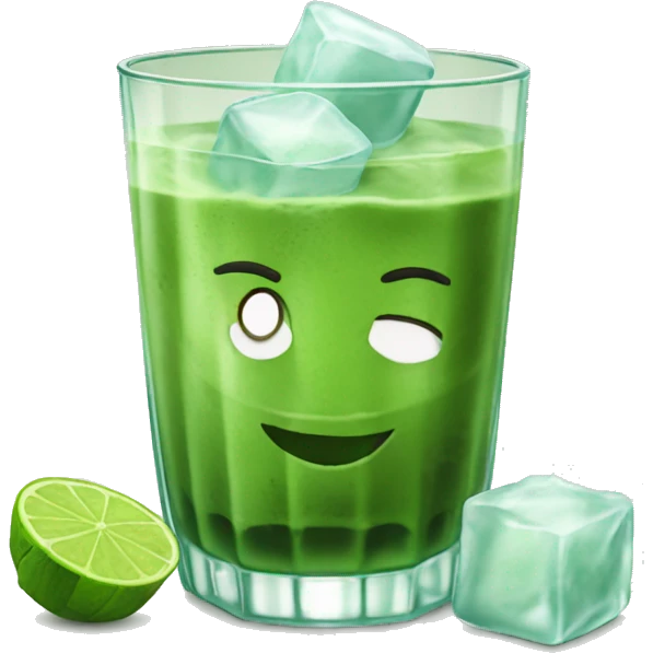 Iced matcha in a clear glass whit ice cubes emoji