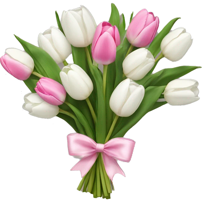 bouquet of white tulips and some pink tulips with a bow around it emoji