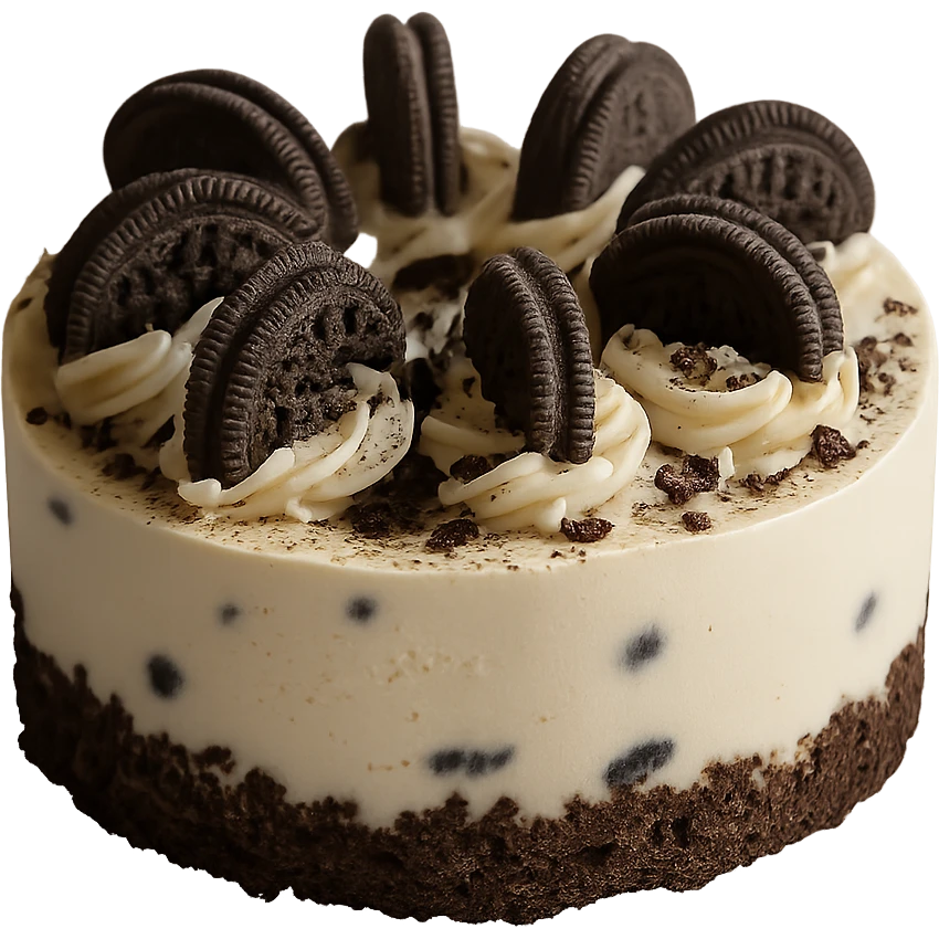 Remove the background, keep only the realistic round cake with cookies and cream frosting and cookie crumbles, photorealistic style, transparent background. emoji