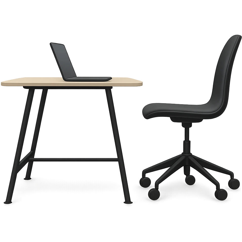 Add a laptop on the desk, keep the style and side view. The style is a side view illustration with no background. emoji