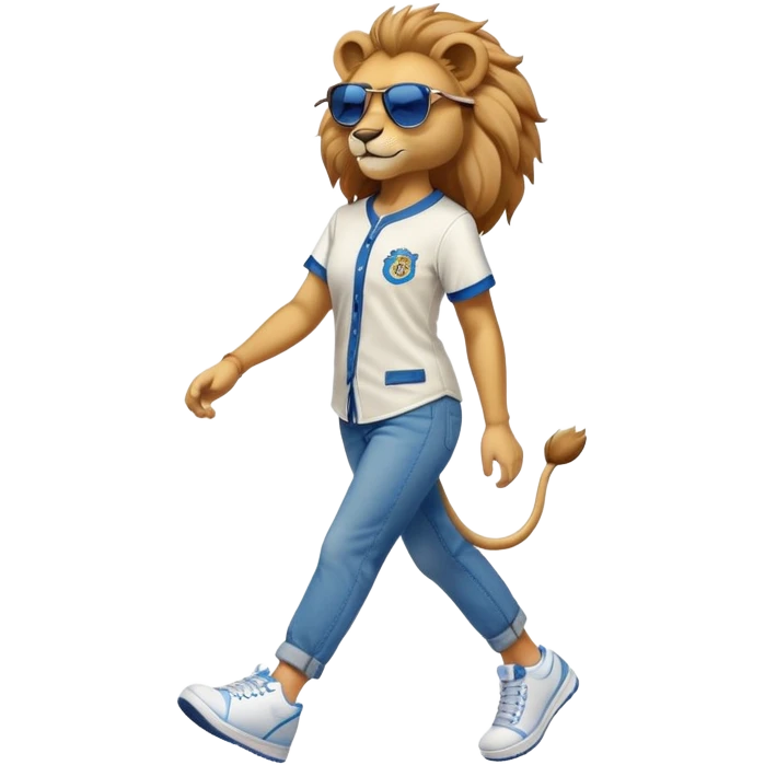friendly anthropomorphised female lion wearing a baseball shirt, jeans, trainers, dark sunglasses, walking upright with a confident stride emoji