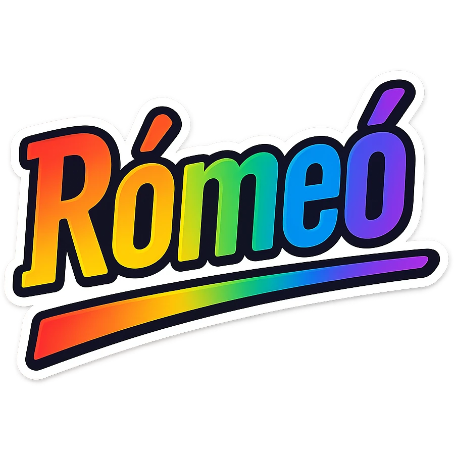 The name 'Rómeó' in a modern font with smooth gradient coloring, precise Hungarian characters, dark outline, extra thick and prominent white letter border, dynamic slanted underline, rainbow gradient color scheme, 1000x1000 px, PNG, transparent background. emoji