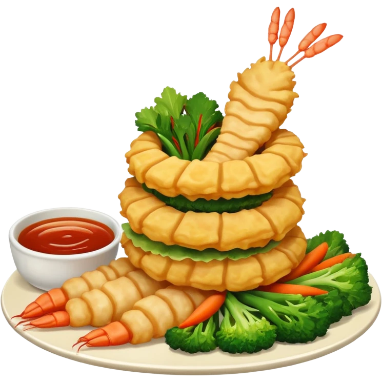 tempura shrimp and vegetables stacked, extra crispy, cinematic lighting emoji