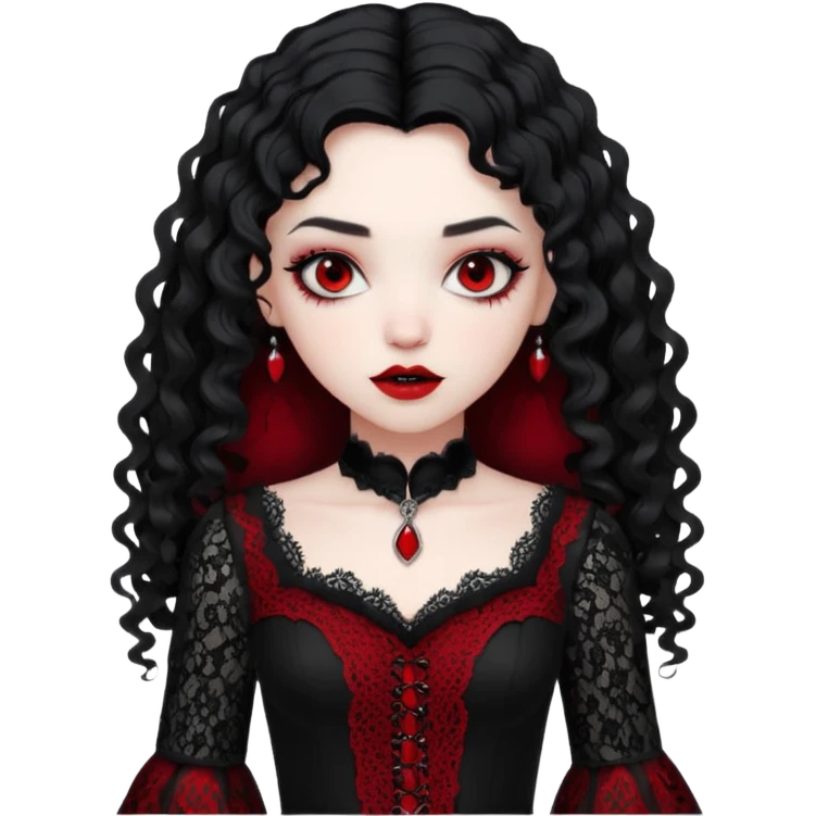 A girl with a red goth vampire look in a black and red goth lace dress with long sleeves and long black curly hair  emoji