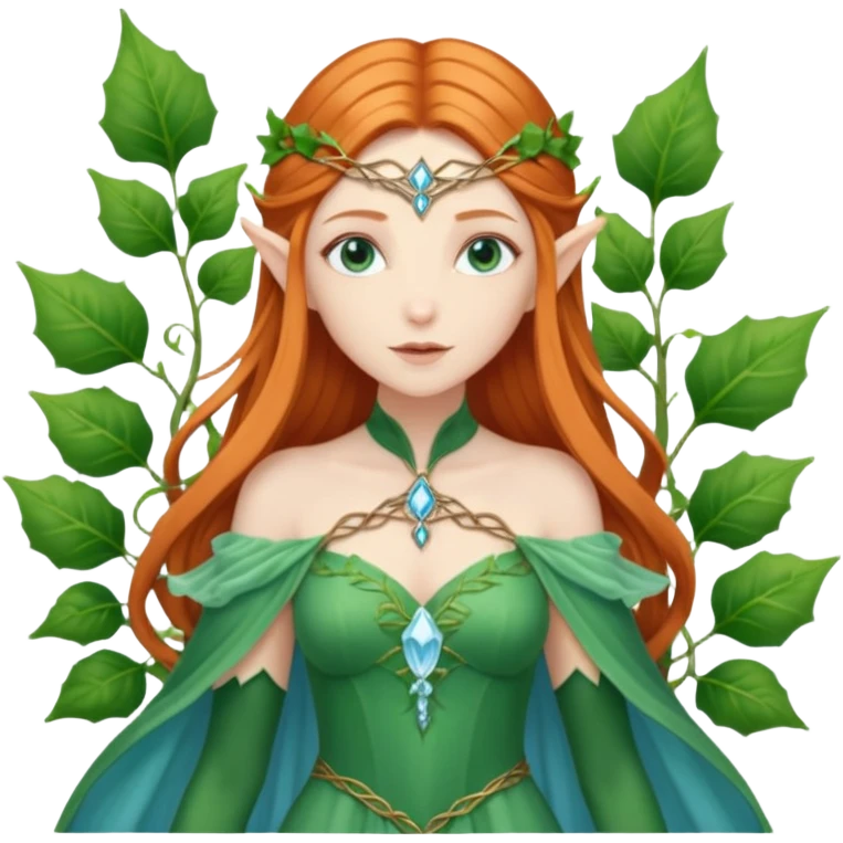 Hyper realistic green ivy forest elf mage fairy queen pale skin ginger hair and Ice blue-eyes emoji