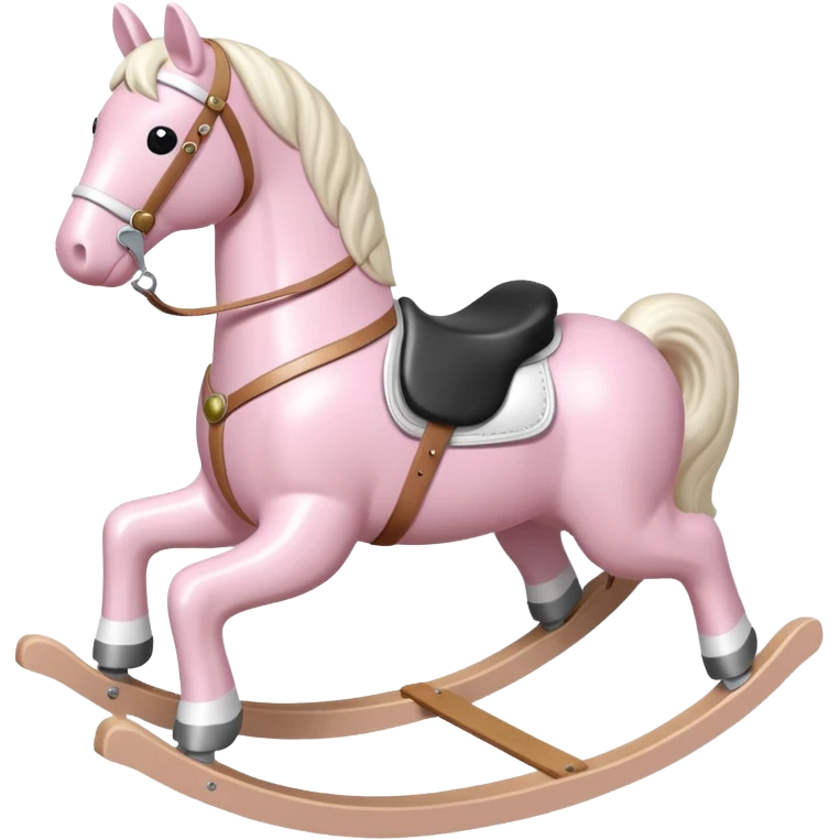 Light pink rocking horse toy for kids with a white saddle and white leg emoji