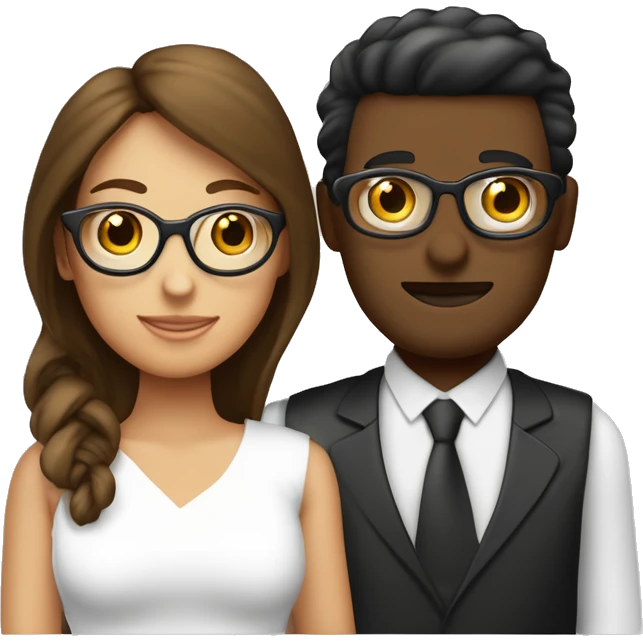 Crea una pareja que la mujer sea de un tono de piel morena que tenga cabello oscuro y que no tenga gafas luego a su novio créalo un hombre de tono de piel blanco y su tono de cabello rubio y en su cara con gafas emoji