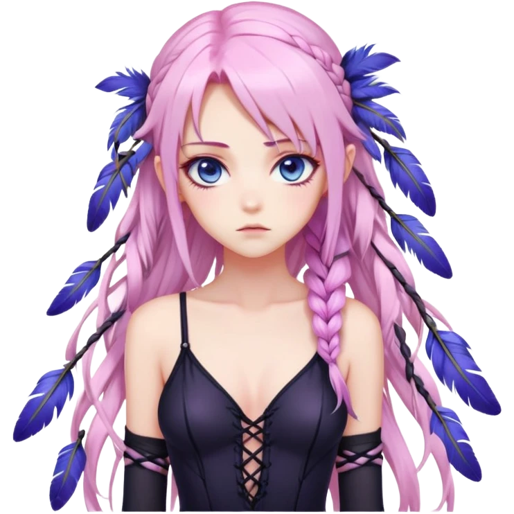 Gorgeous beautiful pretty grumpy anime lady long-pale-pastel-pink-hair with one braid on each side, hanging purple feathers with pink tips in hair, black bodysuit, blue eyes, pink iris, ethereal, fashion aesthetic  emoji
