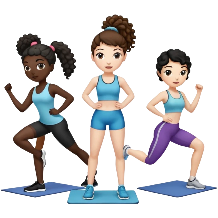 3 women exercising. The woman on the left has pale white skin and curly brown hair in a ponytail. The woman in the middle has black skin and curly black hair. The woman on the right has pale white skin and straight, brown hair in a ponytail. emoji