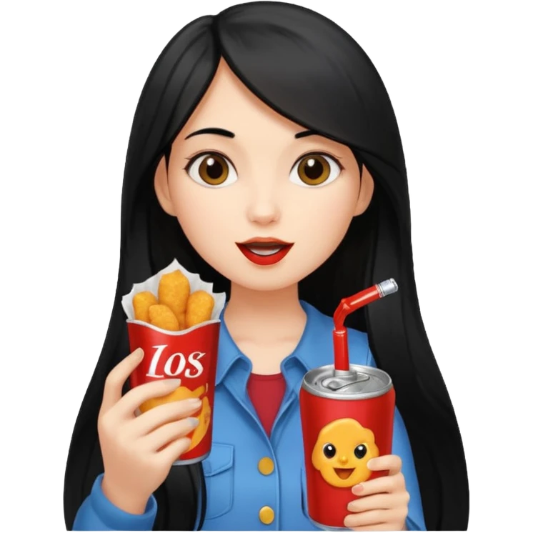 girl with long black hair eating with mouth on the chicken nugget and holding a soda can emoji