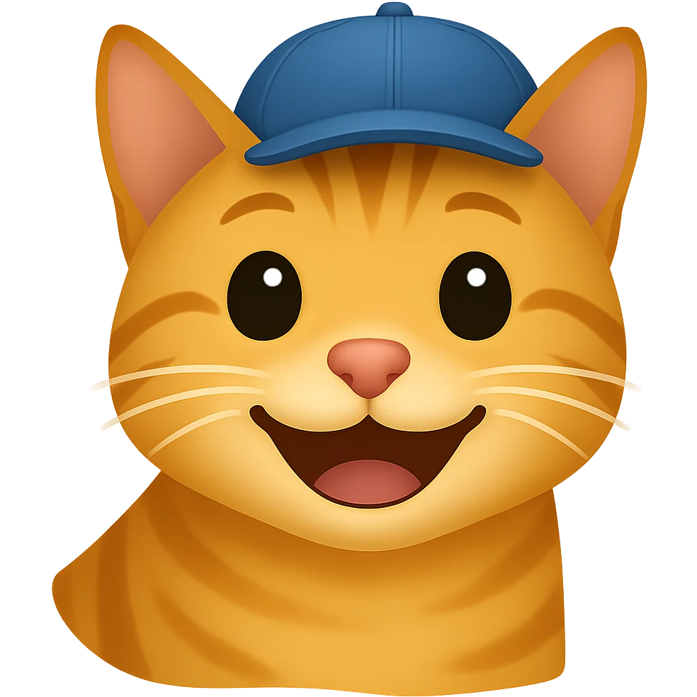 Change the cat's face expression to happy, keep the blue cap, and set the background to transparent. The style should resemble emoji style with simple and clear features. emoji
