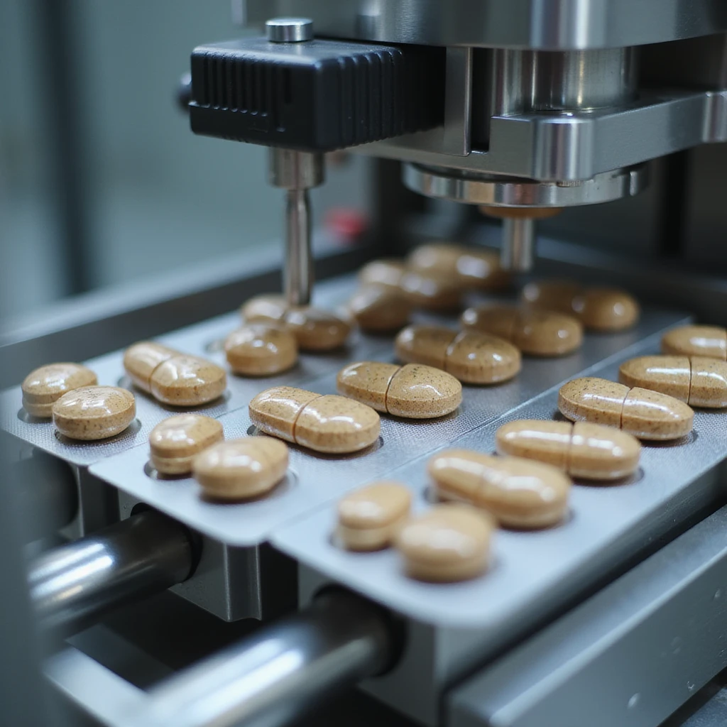 packaging phase with capsules of dried pig thyroid supplement being filled and sealed by automatic machine, pharmaceutical environment, hyperrealistic 4K details emoji