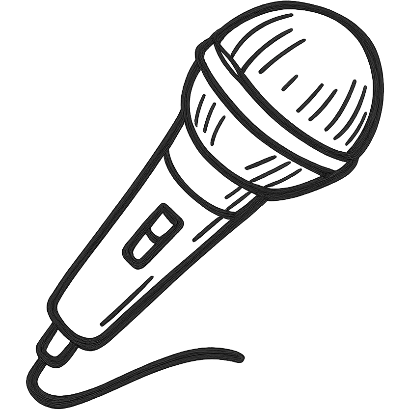 Microphone for recording icon, hand drawn, black outlines, no fill, simple and clean, angled view emoji
