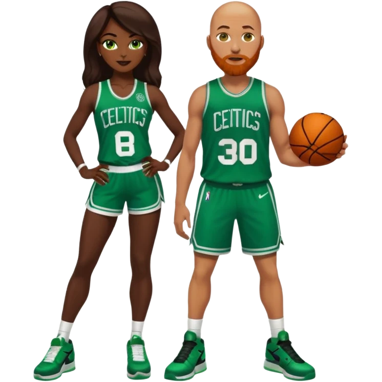 48-year-old dark skin black woman with brown eyes, long dark brown hair dressed in sexy 
celtics jersey costume outfit & stilettos. A bald white man with ginger beard. he has blue/green  eyes, wearing a Jason Tatum Boston Celtics Jersey, green Nike sneakers  emoji