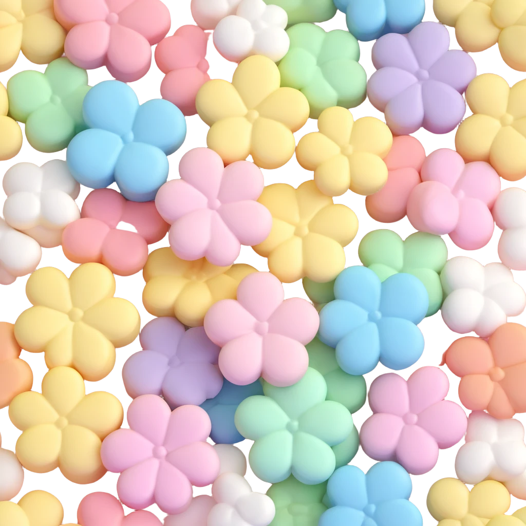a pile of assorted flower-shaped marshmallows, various pastel colors, soft and sweet look emoji