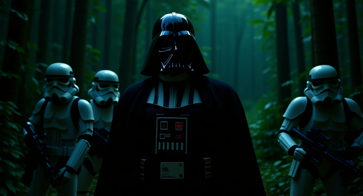 cinematic still, Closeup shot, amazon jungle, Darth Vader around stormtroopers is exploring the jungle, inspired by StarWars movie, captured by arri alexa emoji