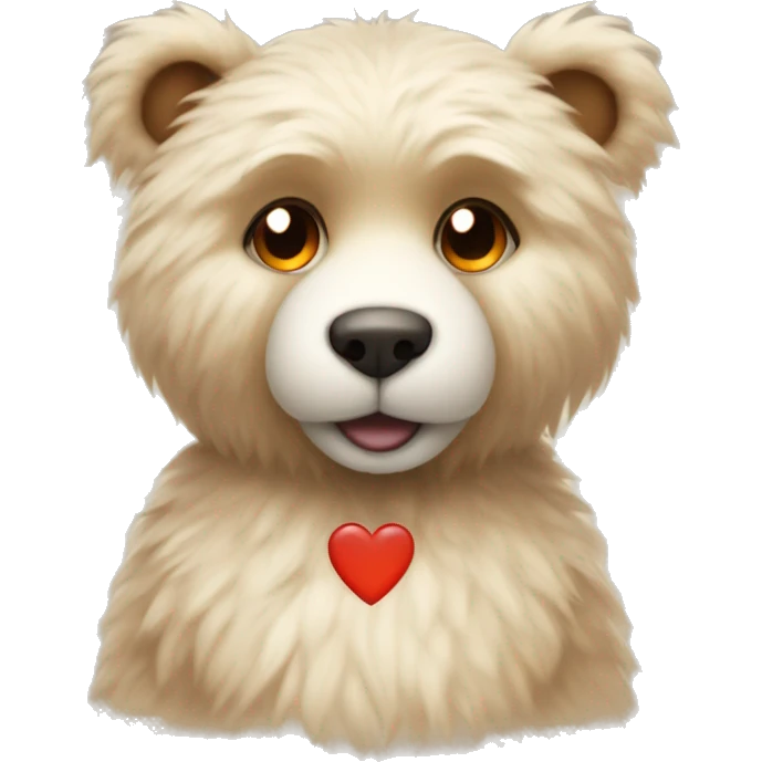 Light coloured fur. With Orange eyes teddy bear wearing a beige sweater with a red heart in the middle.  emoji
