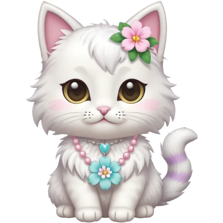 A cute chibi cat with hawaiian pastel flower necklace, posing proudly. emoji