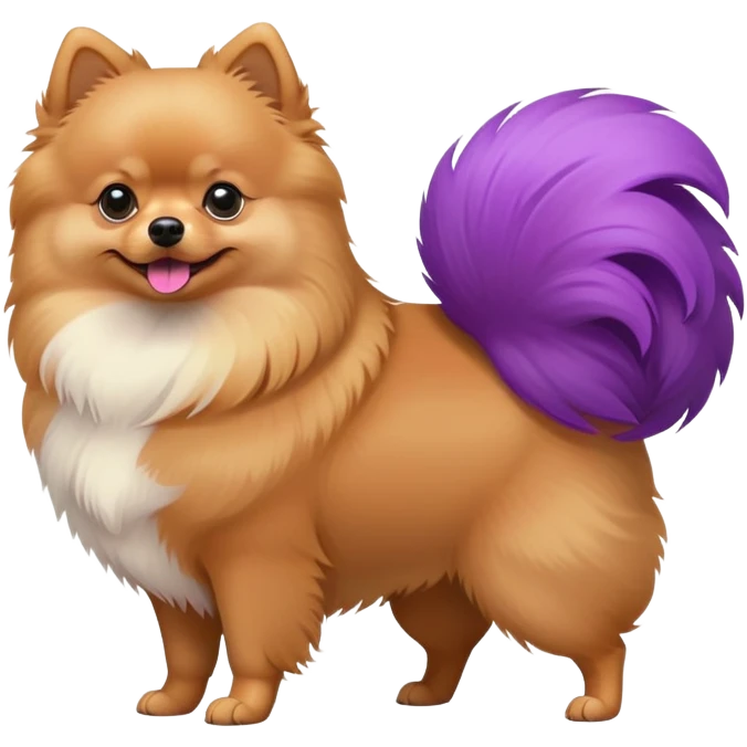 Tan Pomeranian dog standing with a purple and red tail with both purple and red in the tail emoji