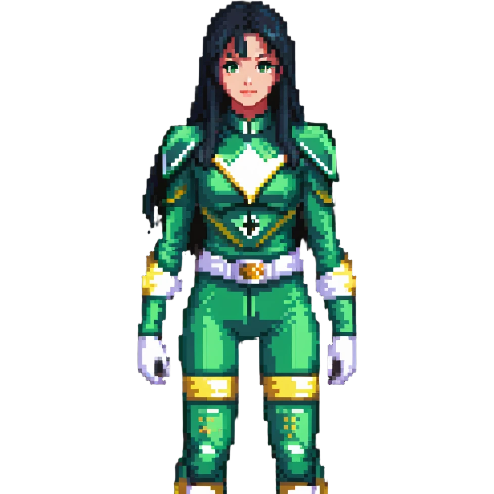 wasian girl in a green Power Ranger suit, black straight hair, black eyes emoji