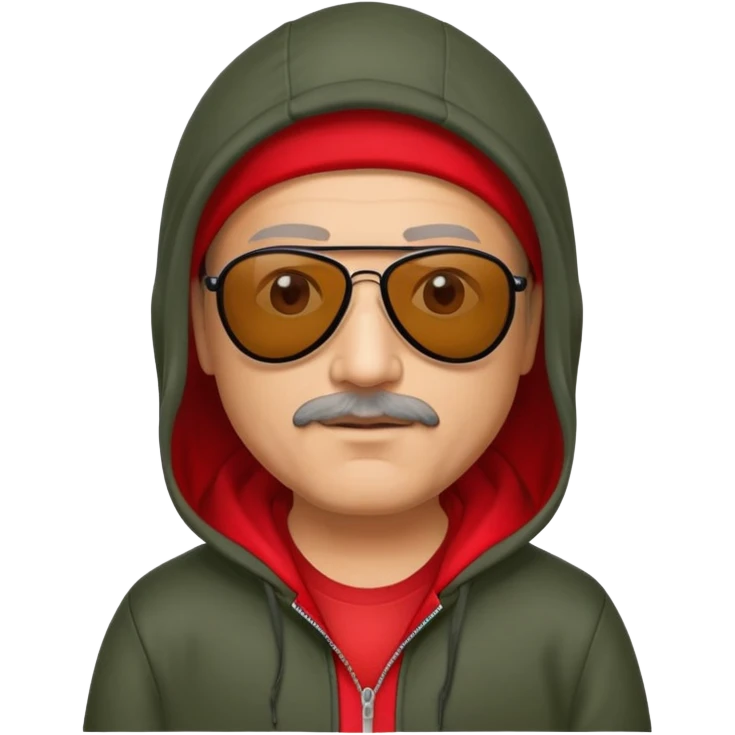 50-year-old man with slight stubble on upper lip, black aviator sunglasses, wearing a red hoodie with hood up emoji