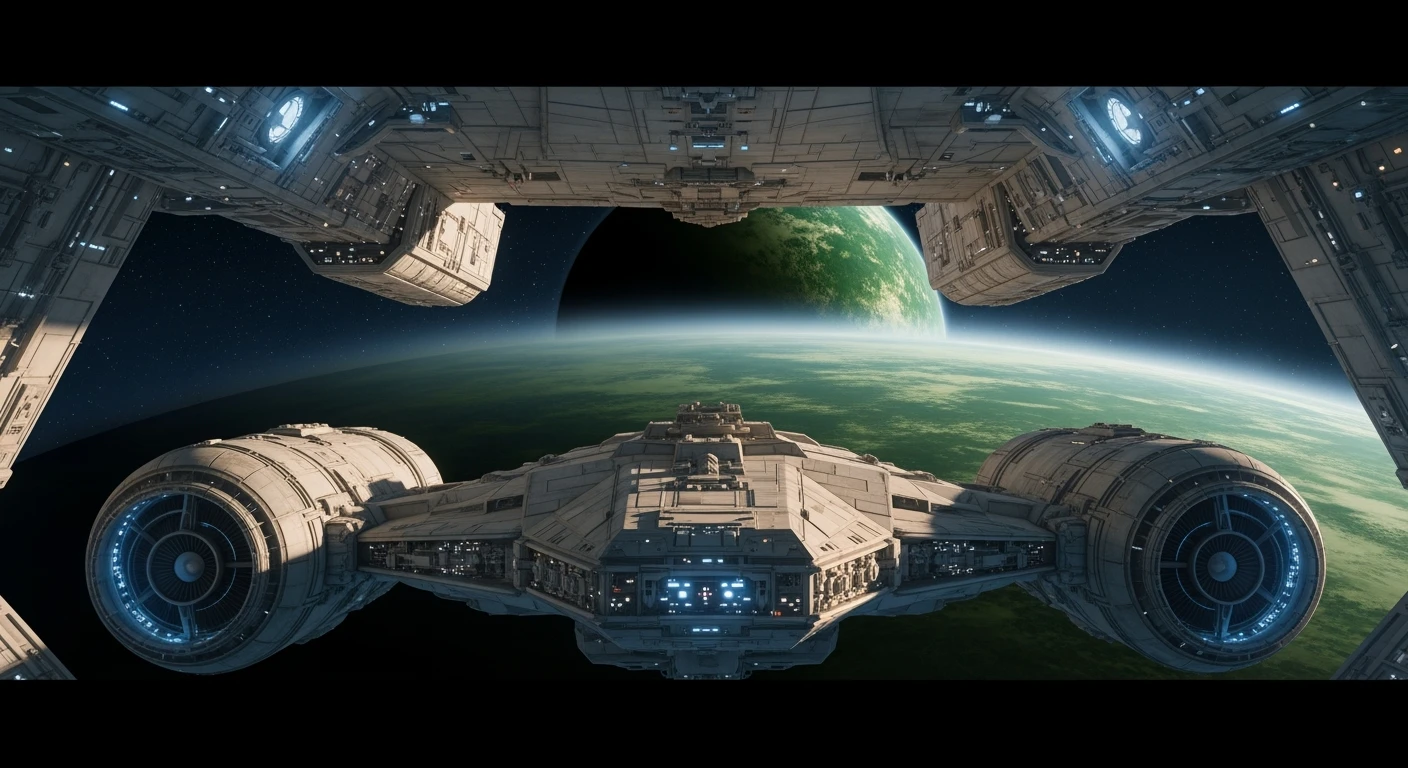 cinematic still, starship, green planet in distance, inspired by StarWars movie, captured by arri alexa  emoji