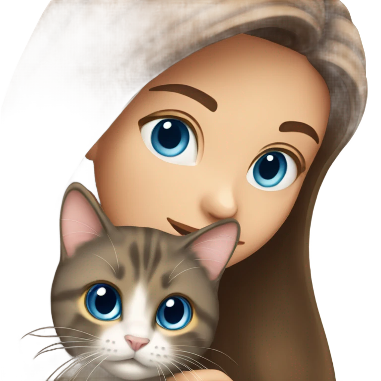 Long haired brunette blue eyed girl holding a long haired tortishell cat emoji