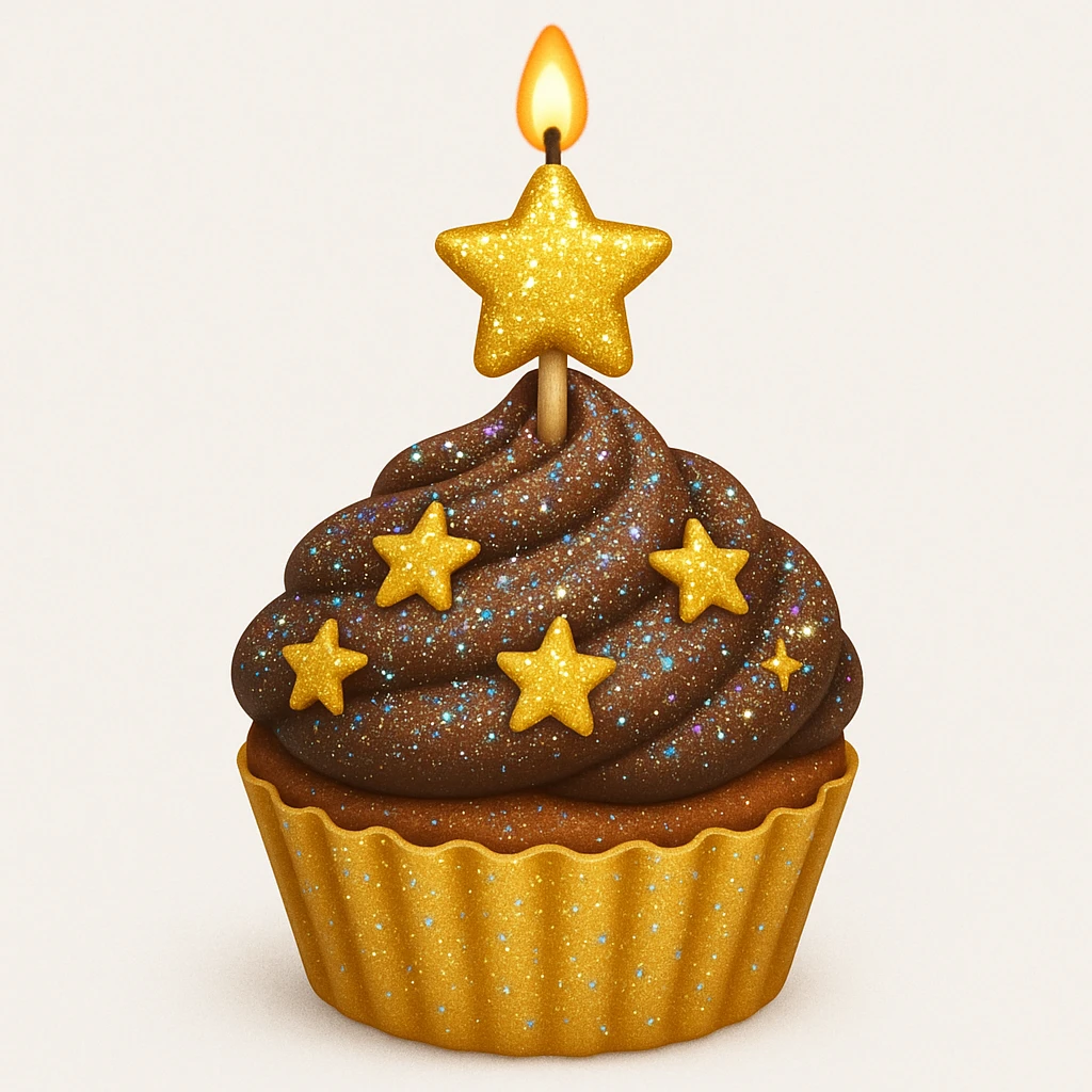 Add edible glitter and a star-shaped candle to the cupcake with brown (chocolate) frosting and gold stars in emoji style. emoji