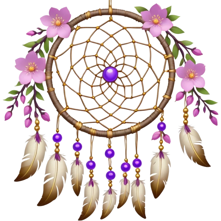 A white-birch Dreamcatcher. with purple-round-orbs, gold-rings hanging down. purple flowers, pink sakura flowers, emoji