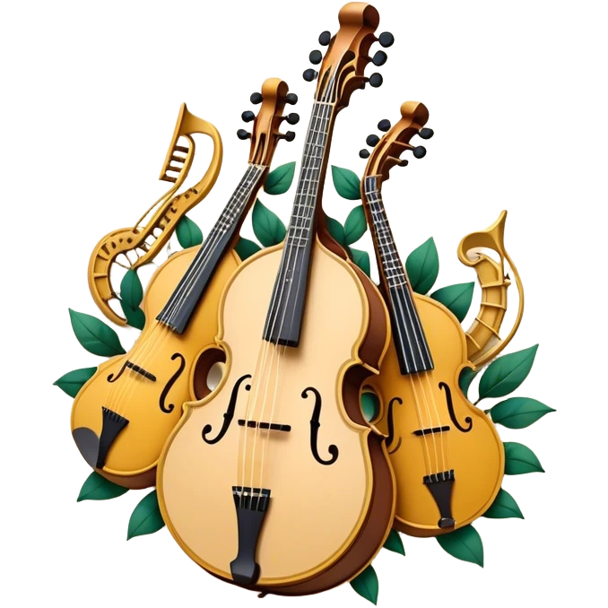 Design a sophisticated and festive emblem-like emoji representing plucked and stringed instruments. The layout should resemble a heraldic crest, featuring iconic instruments like a banjo, mandolin, domra, and sitar, artistically arranged in an elegant and symmetrical way. The necks of the instruments should be intertwined with a flowing ribbon of musical notes, winding around the strings and fretboards. The design should be detailed, showcasing the intricate carvings on the instruments, visible strings, and fret markers. Use a rich color palette with deep golds, browns, and vibrant accents to evoke a sense of luxury and celebration. The musical notes should appear to float around the instruments, connecting them in a graceful, dynamic way. Include ornate flourishes or decorative elements like laurels, swirls, or subtle engravings to give the image a professional, emblematic appearance. The background should be transparent. emoji