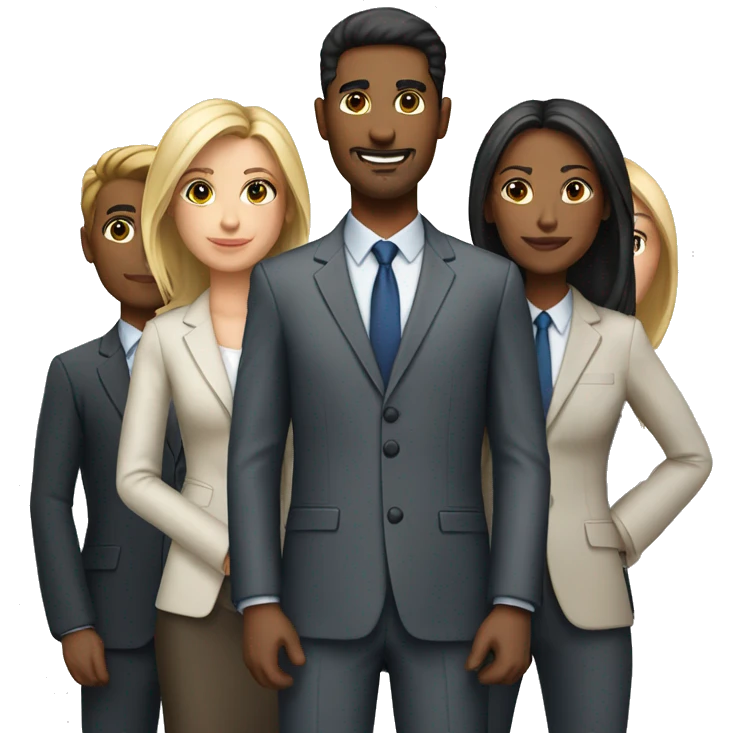 Team consisting of 2 women and 3 men. One white man. All in business suit.  emoji