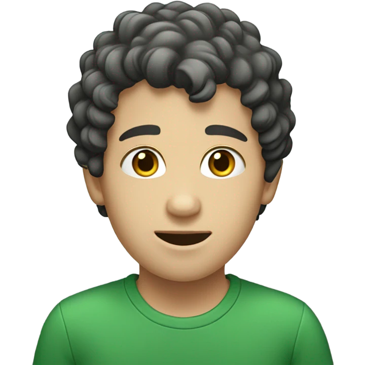 White boy with black curly hair wearing green emoji