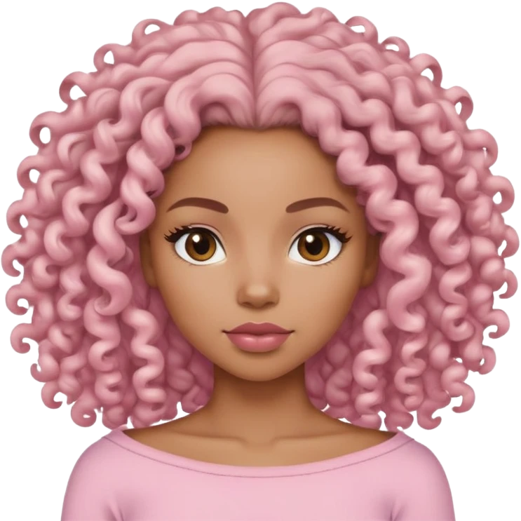 Mulher negra, mostrada do ombro pra cima usando uma roupa rosa claro com cabelo cacheado e volumoso  emoji