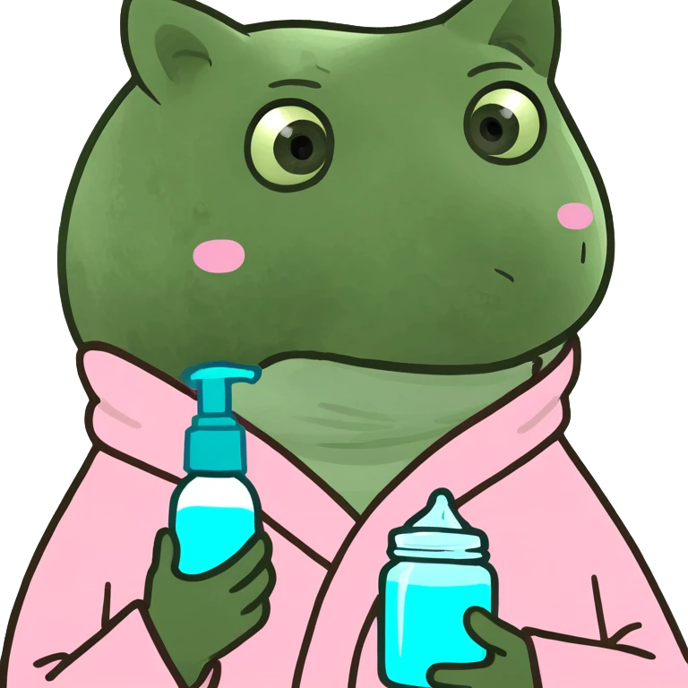 Mixed-race woman with caramel skin, black curly hair, wearing a pastel pink bathrobe, holding a skincare jar emoji