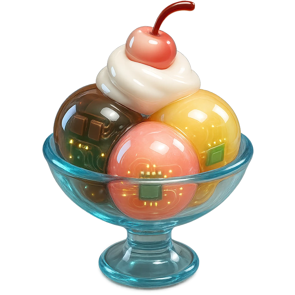 3D glossy ice cream sundae in glass dish with scoops of vanilla, chocolate, and strawberry ice cream, whipped cream, cherry on top, shiny highlights emoji