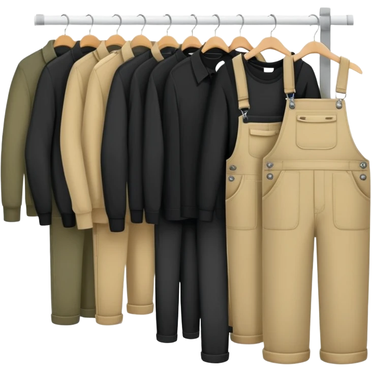 Open wardrobe filled with practical work clothes - black shirts, overalls, khaki pants, and sweaters emoji