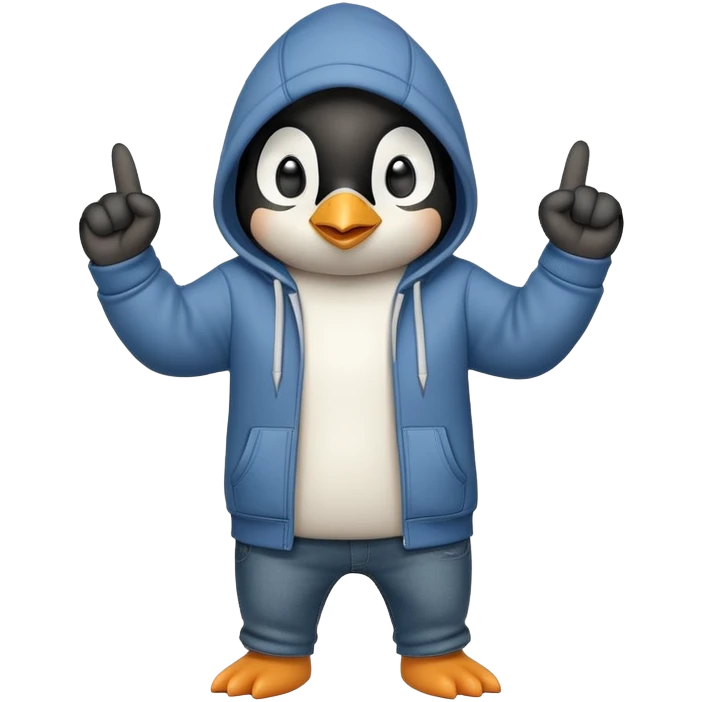 determined anthropomorphised penguin in a hoodie and jeans with fist raised, dynamic action emoji