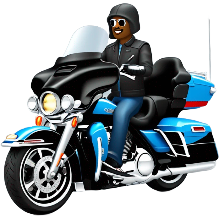 angled view of a harley davidson electra glide ultra classic with big blue pearl and vivid black two color paint scheme with recurve windshield and an older white man without a helmet sitting on the front seat. emoji