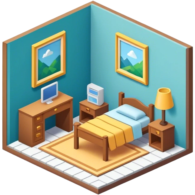 An isometric 3D room with two walls that meet at the back left and right. emoji