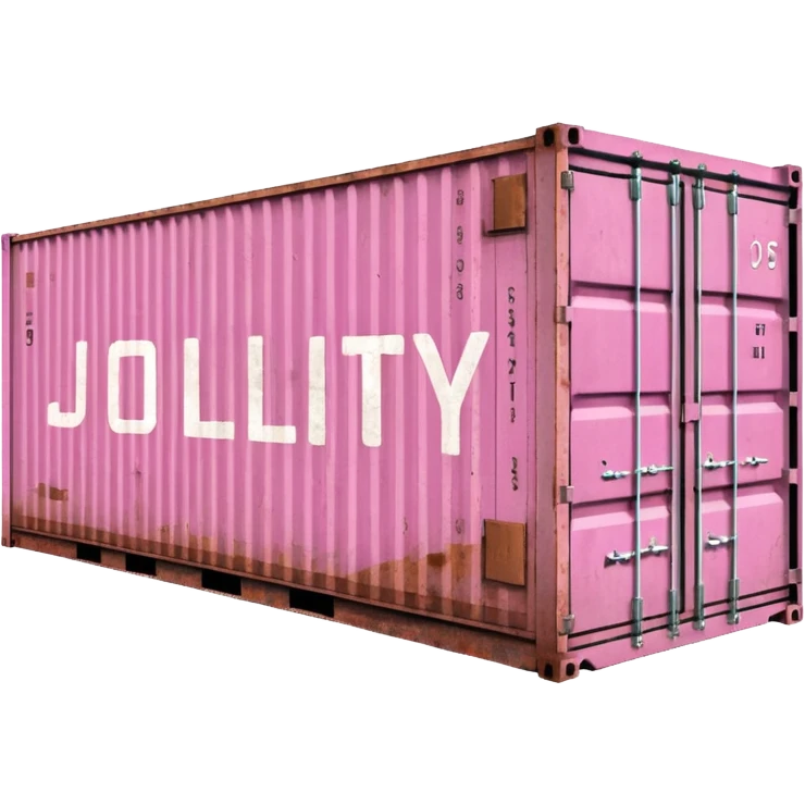 a pink shipping container with the word "Jollity" in big letters on the long side emoji