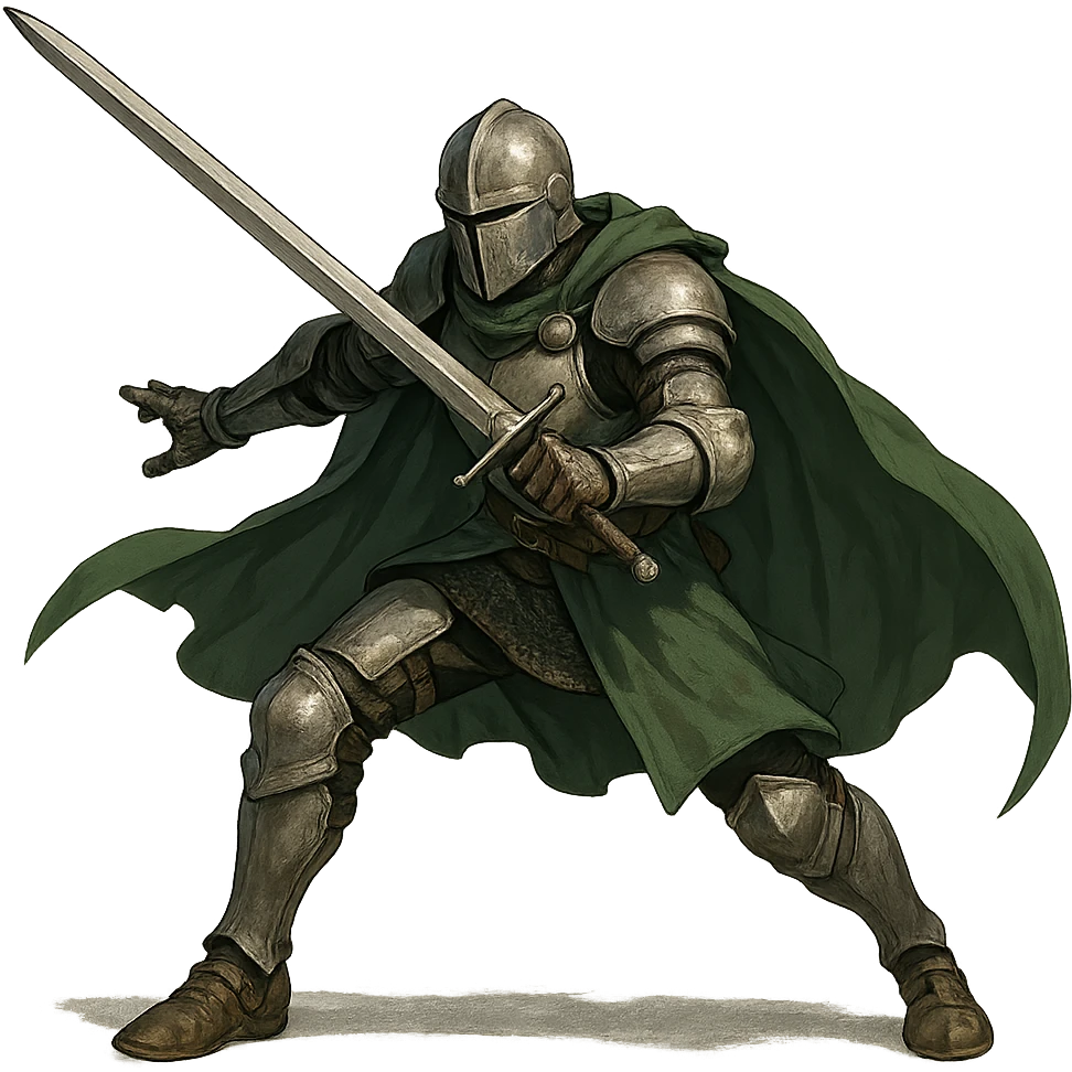 warrior in silver armor and green cape, holding a sword, dynamic stance emoji