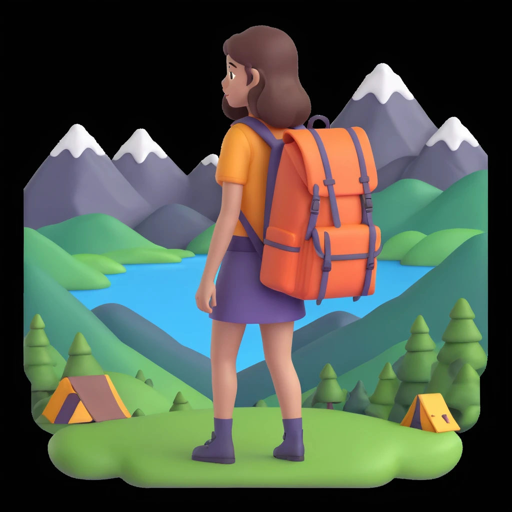 portrait of girl back packing mountains in background, close up pose emoji