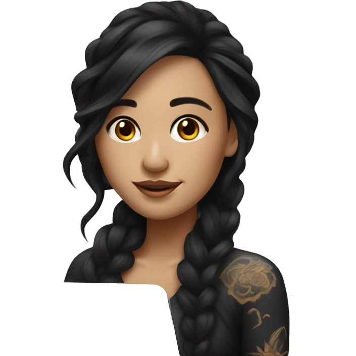 beautiful girl, with arm tattoos, with long black hair, wavy hair, chinese, with laptop emoji