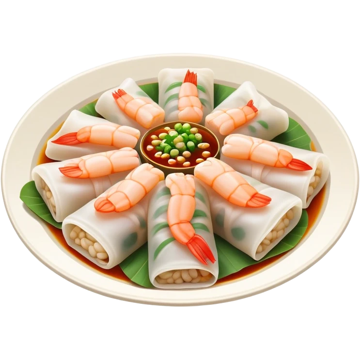 Shrimp rice noodle roll Har Cheung Fun with visible shrimp inside, simplified emoji style with bold outlines and bright colors, cartoon style Cantonese dim sum specialty emoji