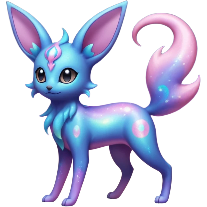 Shiny Iridescent Nebulae Espeon-Umbreon-Sylveon-Fakémon-hybrid-creature (full body)  with a galaxy-dust-flowing-gradient-tail emoji